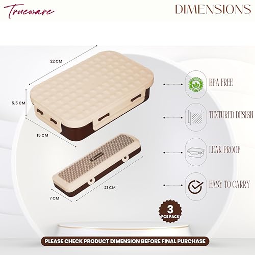 Image of Trueware Crest Lunch Box 2 Compartment Leak-Proof BPA Free Stainless Steel, Lunch Box for Kids, Lunch Box for School & Office with a Spoon, 580 ML (LBK-Crest-Brown BAZ)
