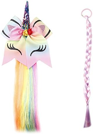Unicorn Glitter Hair Bows Princess Dress up Braided Curly Wig Hair Extension for Kids Costume Hair Accessories