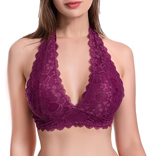 Image of Floral Lace Halter Bra Bralette Top Hook and Eye Closure Back Unpadded Wirefree Lace Bra