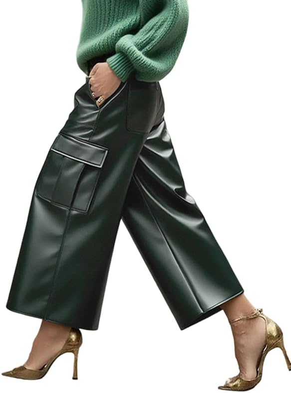oshoplive Women's Faux Leather Wide Leg Pants PU Leather Column Baggy Trousers Bottoms