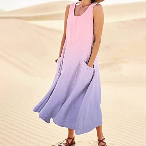 Plus Size Cotton Linen Summer Dresses for Curvy Women 2025 Sleeveless Maxi Vacation Beach Sundresses with Pockets