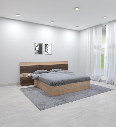 Image of Queen Size Engineered Wood Platform with Striped Designer Headboard Bed and Side Tables with Storage (Walnut Brown /Choco Brown)