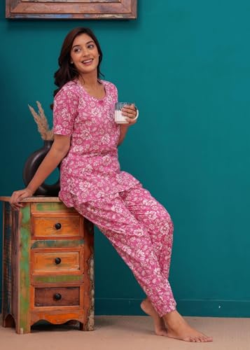 Image of Women Cotton Relaxed Fit Fit and Flare Suit | Printed Night Suit | Half Sleeve Co-Ord Set