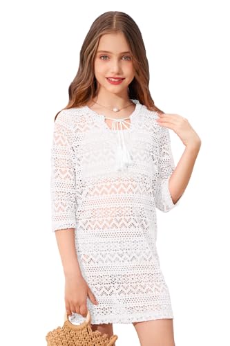 BesserBay Girls Summer Hollow Out Beach Dress 3/4 Long Sleeve Bikini Swimsuit Cover Up V Neck Sheer Beachwear 6-14 Yeras