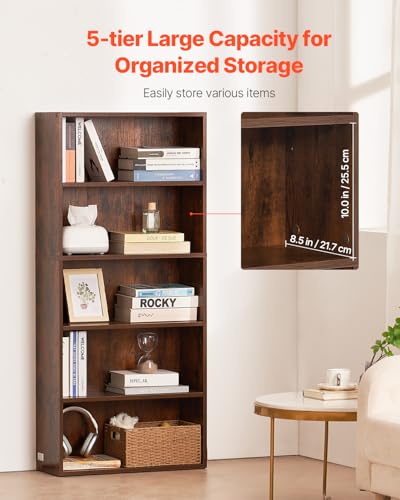 Image of VEVOR 5 Tiers Narrow Bookshelf, 53 in Wooden Open Bookcase with Height-Adjustable Shelf, Freestanding Tall Display Storage Floor Bookcase Bookshelf for Library, Bedroom, Living Room, Office, Brown