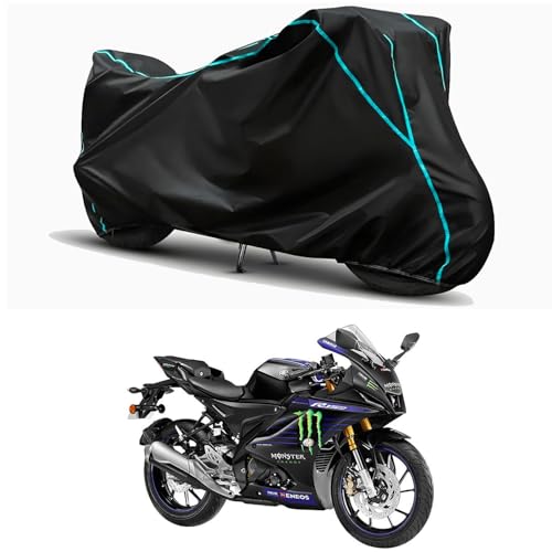 Image of Waterproof Bike Body Cover Compatible for | Yamaha R15 V4 M MotoGP | Taffeta Fabric, Sky Piping Design, Bottom Elastic Fit | Dustproof, Sun UV & Rain Protection for All Weather.