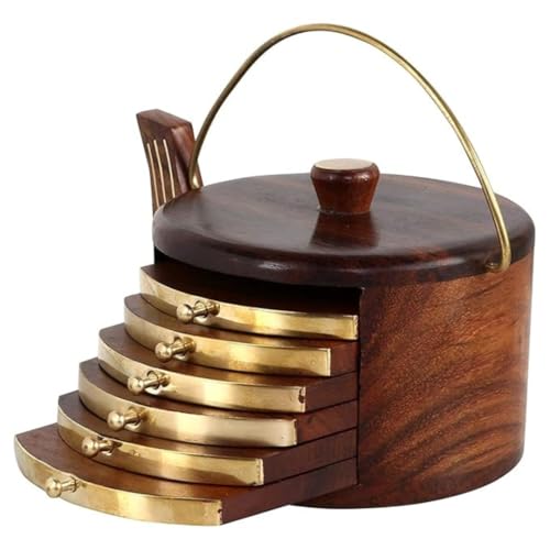 Image of Oaklyn Handcrafted Rosewood Kettle Design Coaster Set (Set of 6) with Stand | Stylish Tea & Coffee Coasters for Dining & Living Room Table