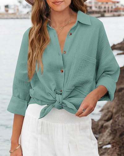 Image of NOLLSOM Casual Shirts for Women Long Sleeve Button Down Blouses Fall 2026 Solid Color Trendy Tops with Pocket