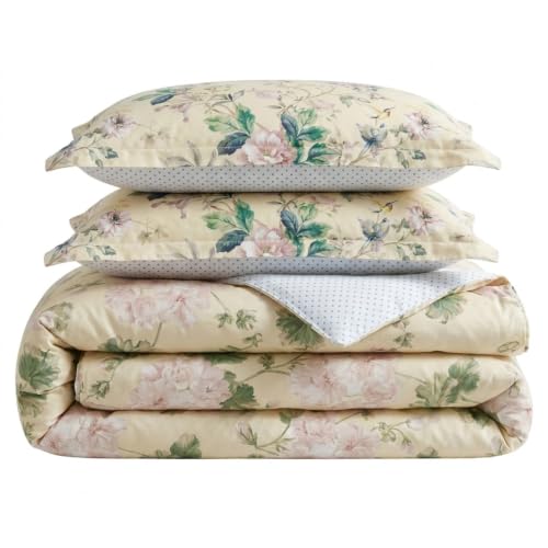 Image of Martha Stewart - King Comforter Set, 100% Silky Smooth Cotton Sateen Floral Bedding for Year Round Comfort, 3 Piece Bed Set with Matching Pillowcases (Songbird Yellow)