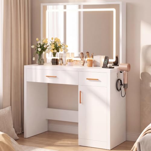 Sweetcrispy Makeup Vanity Desk, Charging Station, LED Mirror