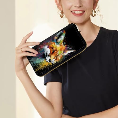 Image of Women's Wallets,Credit Card Holder Money Leather Long Wallet with Wristlet,Large Capacity with Zip-Around Phone Purse for Women Ladies Girls,Colorful Fox