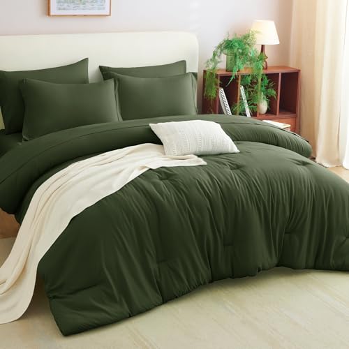 CozyLux King Size Comforter Set Olive Green, 7 Pieces Bed in a Bag King Comforter Set with Sheets, Bedding Set with Down Alternative Comforter, Fitted Sheets, Flat Sheets, Pillow Shams and Pillowcases