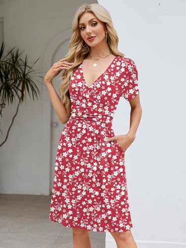 Image of Naggoo Womens Summer Dresses for Women 2026 Spring Floral Sundress Short Sleeve V Neck Wrap Dress with Pockets