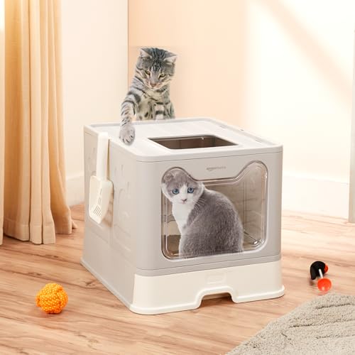 Image of Amazon Basics Foldable Covered Cat Litter Box with Anti-Spill Tray | Easy Cleaning | Spacious Design | Top and Side Openings | White | 44L x 41w x 38H cm