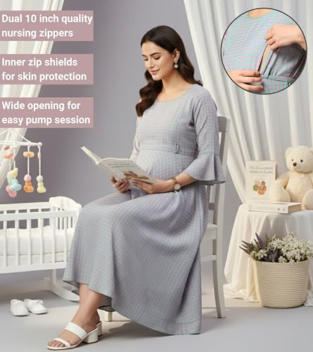 Image of DUMMY SHAPE Feeding Kurtis for Women Cotton Blend | Floral Pregnancy Flare Kurta with Dual Nursing Zippers to Pre & Post Partum | Maternity Dresses | Gifts for Pregnant Woman