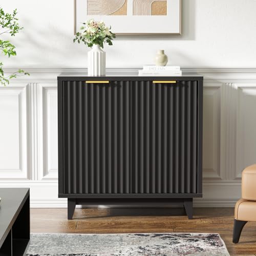 Fluted Cabinet with Storage, 2 Doors Sideboard Buffet, Mid Century Modern Accent Cabinet with...