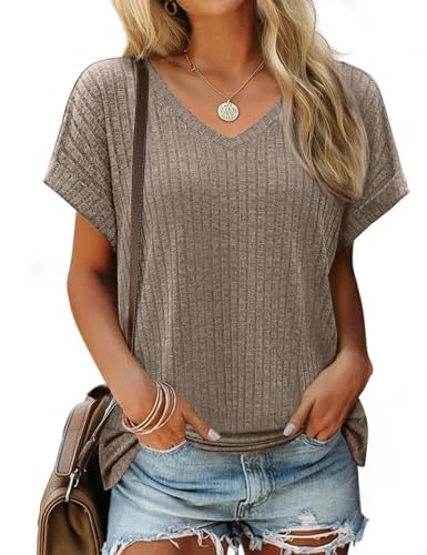 JUSTFASHIONNOW Cute Summer Short Sleeve Tops Womens Dressy Casual Side Split Tops V Neck T Shirts 2026 Fashion Loose Clothes Khaki S