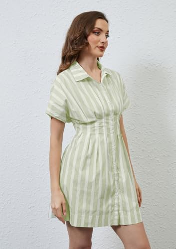 Image of calbatic Women Button Down Pleated Shirt Dress Striped Short Sleeve Summer Casual Business Flowy Mini Short Dress