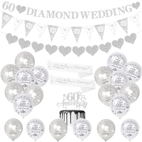 Diamond Decoration Set for 60th Wedding Anniversary Balloon Mix with Lovely Banner Glitter Bunting Heart Garland and Cute Cake Topper for Parents Celebration Use
