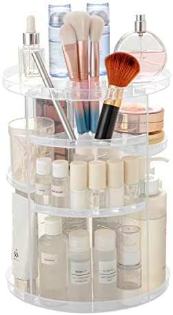 Rotating Makeup Organizer, DIY 8 Adjustable Layers Spinning Skincare Organizer, Cosmetic Display Case with Brush Holder Perfume Tray, Multi-Function Storage Carousel for Vanity Bathroom Countertop