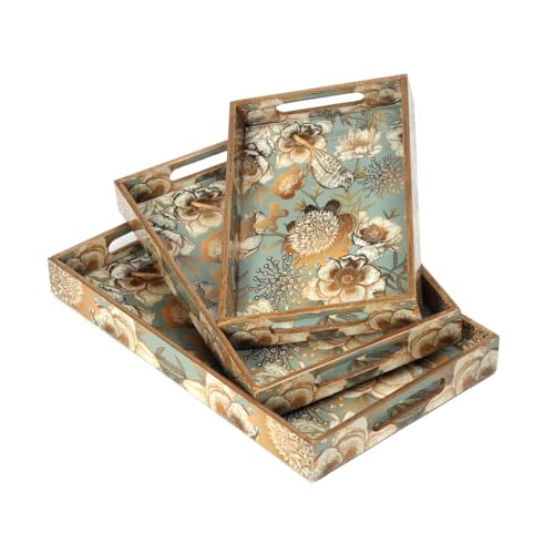 Image of DULI Set of 3 MDF Wood Enamel Coated Multipurpose Trays| Serving Tray for Home & Dining Table (16x10x2, 14x8x2, 12x6x2 Inches) (Setof3Nonwp- GreyGoldBirds)