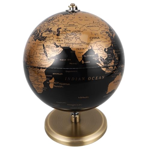 TINEASUR Globo Terráqueo Decorativo Giratorio de Escritorio 14 Cm Soporte de Cobre Antiguo Negro y Dorado, Bola del Mundo Vintage para Decoración de Oficina y Hogar, Adorno Educativo