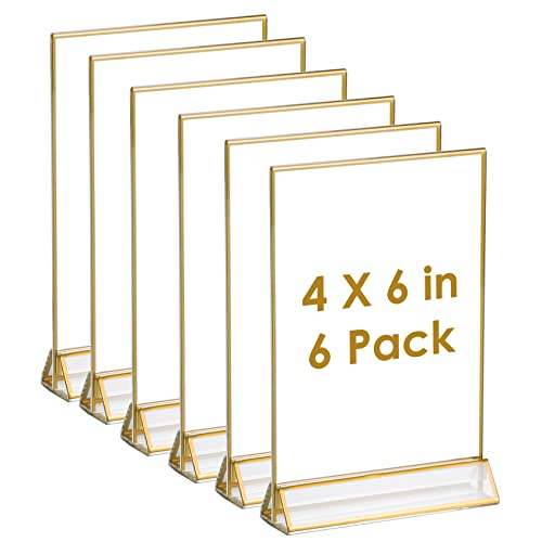 Uniqooo Acrylic Sign Holders With Golden Border, Portrait View, Pack Of 6 | 4X6 Inches Double Sided Clear Frame, Perfect For Wedding Reception, Centerpiece, Decoration, Party,Anniversary, Event #TOP19