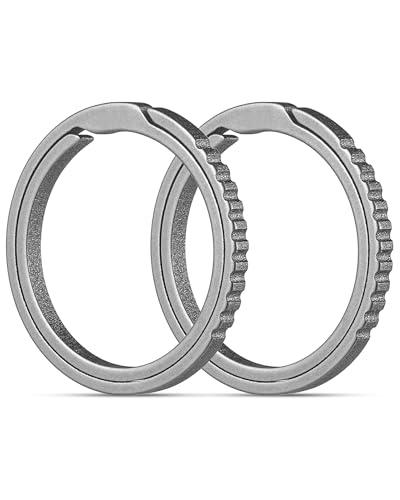 TISUR Titanium Keychain Rings Split Side Pushing Key Rings Heavy Duty Black Key Ring For Key Chain Carabiner Dog Tag Ring (2pcs Grey Small Titanium Key Rings)