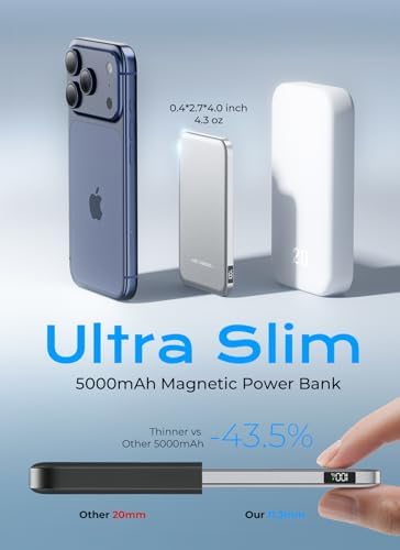 Aobbow Magnetic Portable Charger, 5000mAh Ultra Slim Power Bank with LED Display, 15W Fast Charging Battery Pack, MagSafe-Compatible Charger for iPhone 17/16/15 and AirPods - Titanium Gray - 1