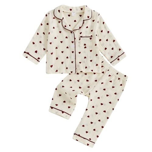 Baby Boy Girl Cotton Pajamas Set Button Down Plaid Solid Long Sleeve Shirts Tops and Pants Toddle Baby Pj Sets (Heart Beige, 12-18 Months)