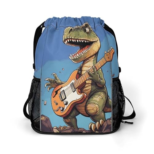 Drawstring Gym Backpack with Shoe Compartment And Wet Pocket, 28L Lightweight Waterproof Dinosaur Playing Guitar Sports Backpack for Workout Swim Beach Travel String Bag for Men Women