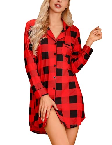 Image of Anjue Pajama Nightgowns for Women Button Down Pajamas Tops Short/Long Sleeve Sleepwear Sleep Shirts Nightdress S-XXL