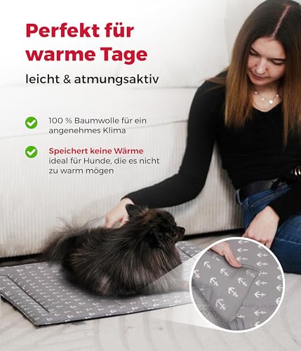 HS-Hundebett® Sommerdecke Baumwolle mit Füllung S (55x75 cm) – Gepolsterte Hundedecke für den Sommer – Wend- & Waschbar – Leichte Hunde Sommerdecke – Anker Grau, Made in DE