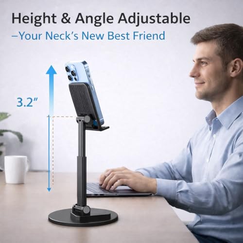 Image of Mizi Portable Cell Phone Stand for Desk - Height & Angle Adjustable Mobile Foldable Holder, Compatible with iPhone 17 16 15 14 13 12 11 Pro Max, Galaxy S25 S24, All 4-10 inch Devices - Black