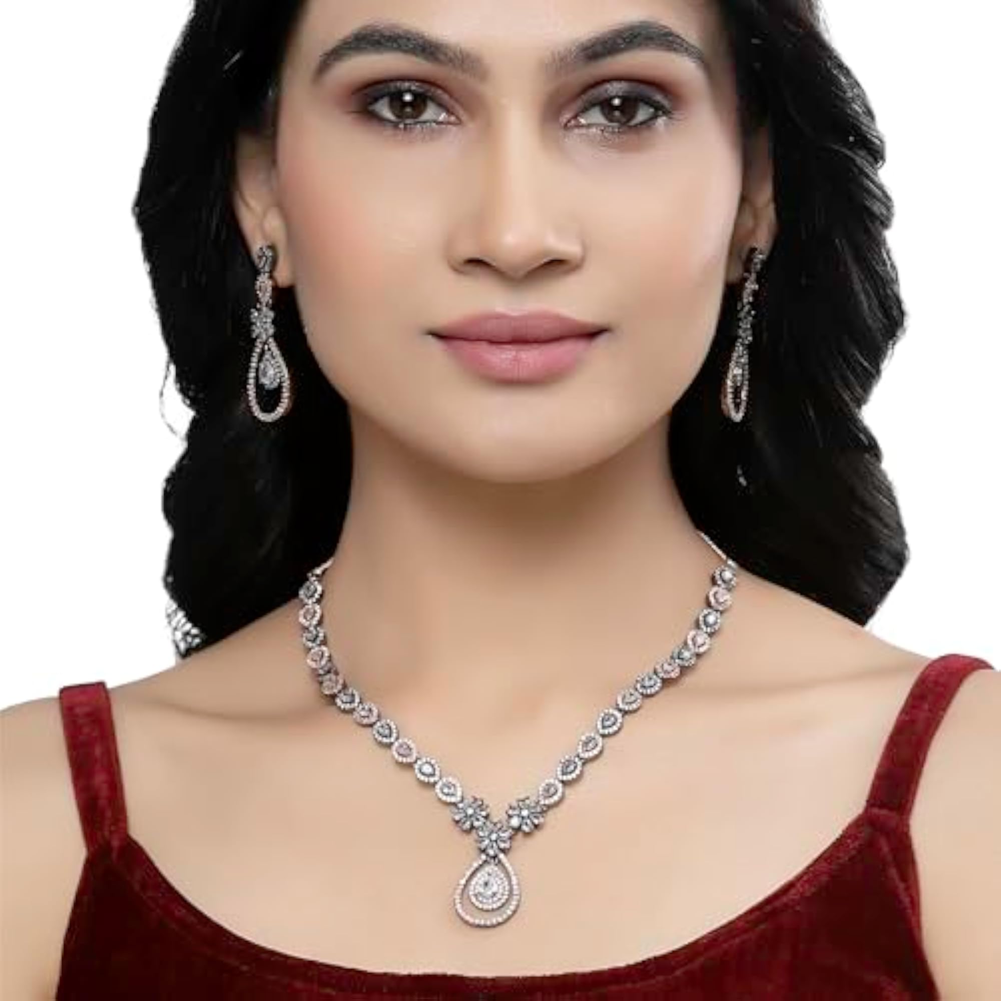 Gunmetal Toned AD Studded Teardrop & Floral Necklace Set