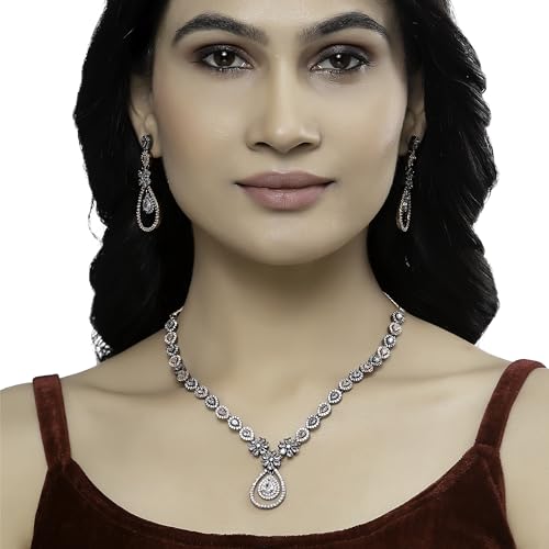 Gunmetal Toned AD Studded Teardrop & Floral Necklace Set