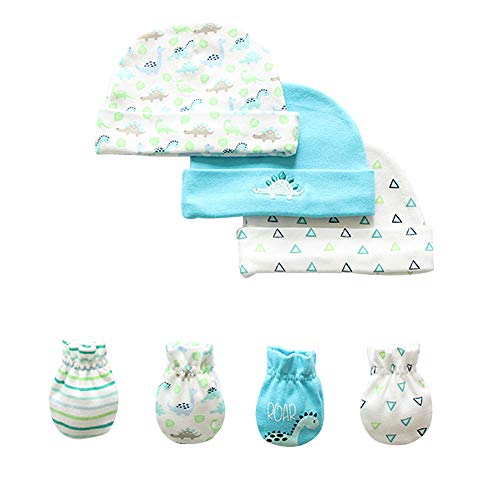 Baby Mittens and Caps Set Infant gloves and no scratch mittens Newborn Gift 7 Piece Set For Baby Boys Light Blue 0-6 Months