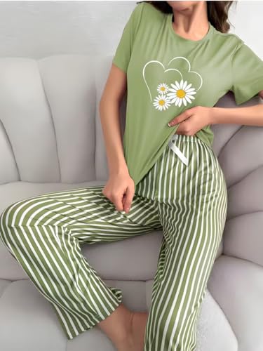 Image of Women's 2-Piece Pajama Set - Short Sleeve Top & Pants Lounge Set, Soft Breathable Sleepwear Night Suit for Women