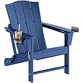 Yaheetech Folding Adirondack Chair Outdoor, HDPE Weather Resistant with Cup/Mobile Phone Holder for Deck, Patio, Pool, Backyard, 380lb Weight Capacity, Easy Assembly, Navy Blue