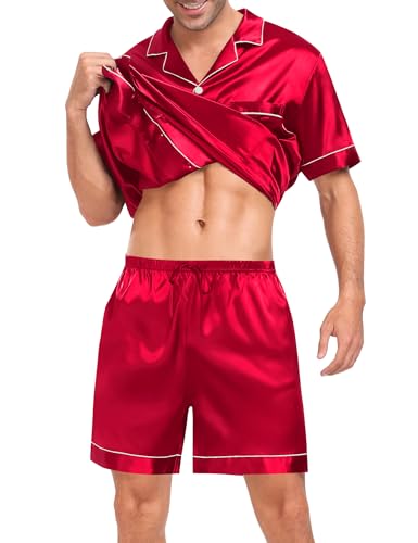 Image of SWOMOG Men Silk Pajama Set Short Sleeve Satin PJs Sets 2 Piece Button Down Sleepwear Soft Summer Loungewear with Pockets