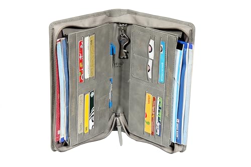 Image of Sukeshcraft Multiple Cheque Book Holder | Original PU Holds Upto 8 Cheque Books, Locker Key Hook, 2 Photo Slots, 1 Pin-Sim Slot, 13 Credit /Debit Card Slots with Matching Zipper (PU -2Tone Grey