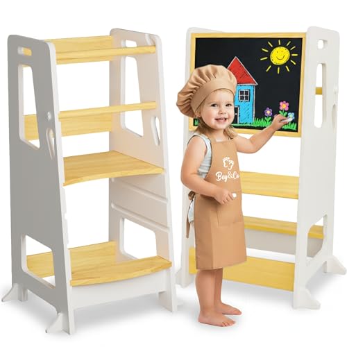 BEY & CO® Torre de Aprendizaje/Observación de Madera – Torre de Estimulación para Niños – 3 Alturas Ajustables, Superficie Antiderrapante y Patas Anticaída – Método Montessori (Blanco)