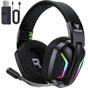 WG1 Bluetooth Headset, 2,4G Wireless Gaming Headset mit Mikrofon für PS5, PS4, PC, Switch, Mac, Faltbarer Surround Sound Noise Cancelling Kopfhörer mit LED Licht, Über 50 Stunden Akkulaufzeit