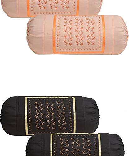 Mahaluxmi CreationsPure Cotton Bolster Covers | Full Round Embroidered Booster Pillowcase | Decorative Masand for Living Room Sofa Diwan Couch, Set of 4, 16 X 32 Inch, Coffe