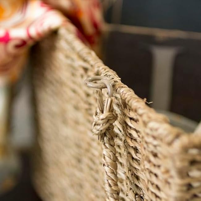 Household Essentials Wicker Stair Basket with Handles, Handwoven Seagrass, Sits on Two Stairs, Lightweight,