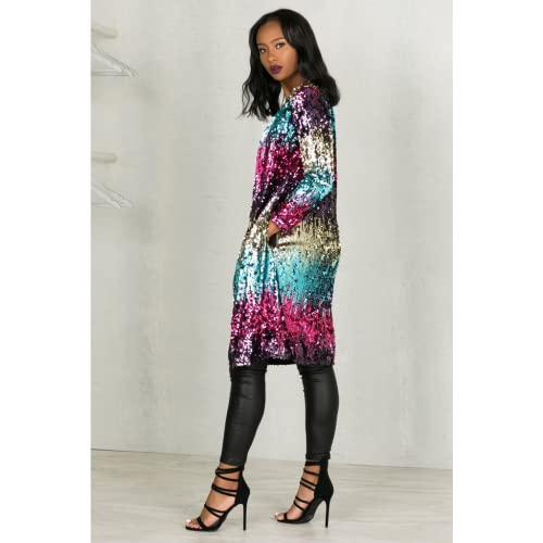 Image of Womens Colorful Sparkly Full Sequins Cover Ups Long Sleeve Open Front Sequin Cardigan Coat Jacket Party Clubwear (L) Multicoloured