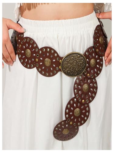 Image of RoseSeek Women's Cowgirl Boho Western Oval Waist Belt Hollow Out Studded Retro Belts Fashion Accessory Light Brown 80