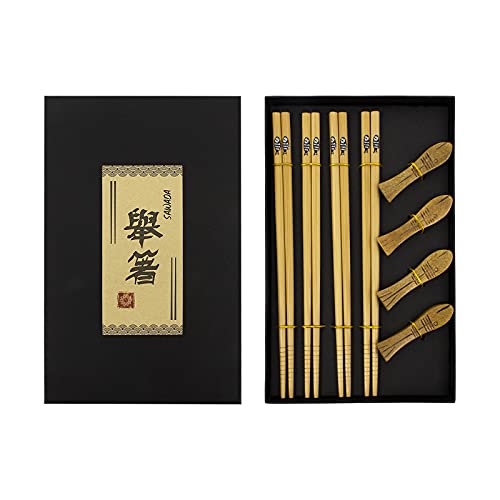 Digitizerart 4 Pairs Japanese Style Bamboo Chopsticks With Cartoon Cute Fat Fish Chopstick Rest Gift Set,Natural Bamboo Wooden Reusable Lightweight Non Slip Classic Tasteful Chinese Chopstick #TOP12