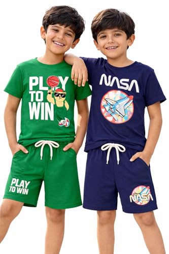Image of NammaBaby Boy's Cotton Printed Premium Half Sleeves T-Shirt and Shorts Top and Bottom Set /Tshirt-Shorts with Pocket Combo of 2