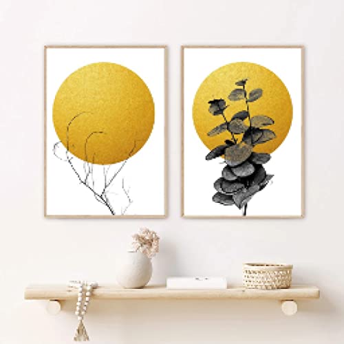 Affiche jaune feuille soleil 50x70cm, lot de 2 toiles murales scandinaves